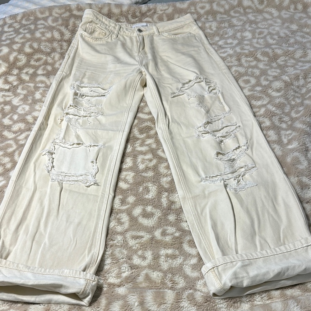 Cream Distressed Wide-Leg Jeans